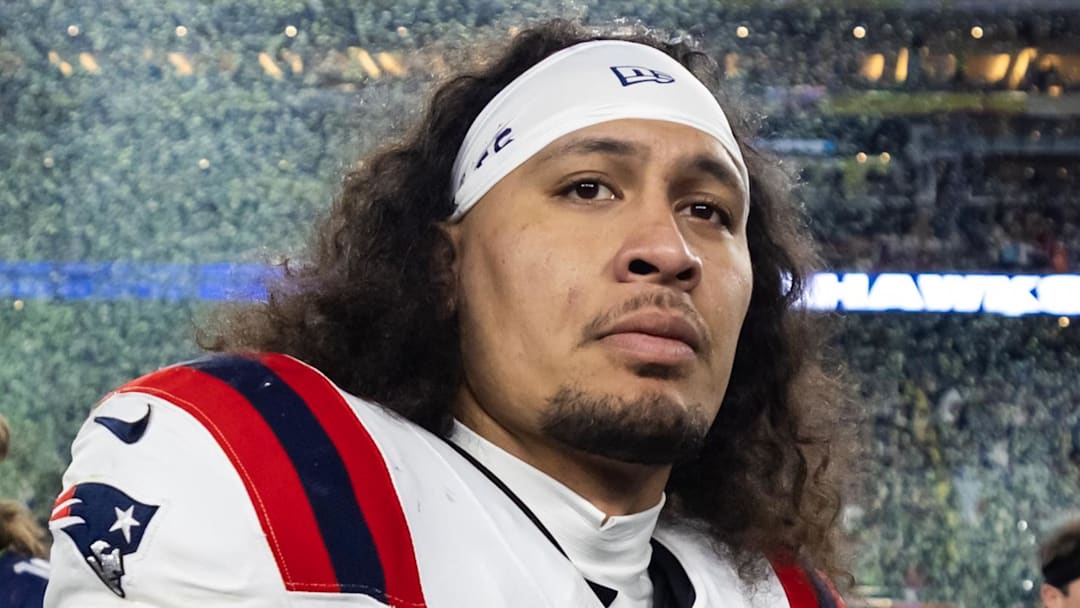 Feb 8, 2026; Santa Clara, CA, USA; New England Patriots linebacker Jahlani Tavai (48) reacts as he walks off the field after losing to the Seattle Seahawks during Super Bowl LX at Levi's Stadium. Mandatory Credit: Mark J. Rebilas-Imagn Images