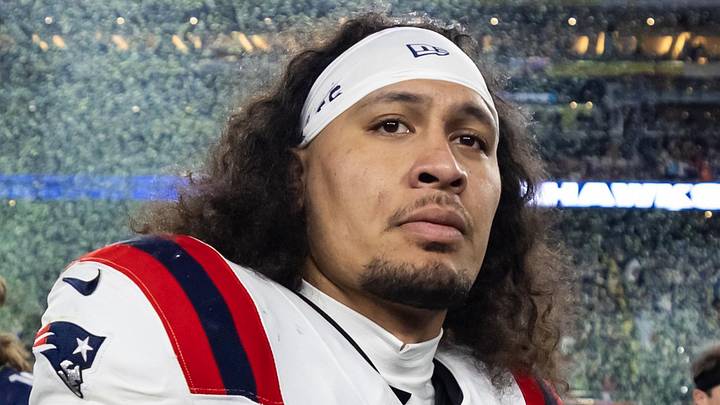 Feb 8, 2026; Santa Clara, CA, USA; New England Patriots linebacker Jahlani Tavai (48) reacts as he walks off the field after losing to the Seattle Seahawks during Super Bowl LX at Levi's Stadium. Mandatory Credit: Mark J. Rebilas-Imagn Images