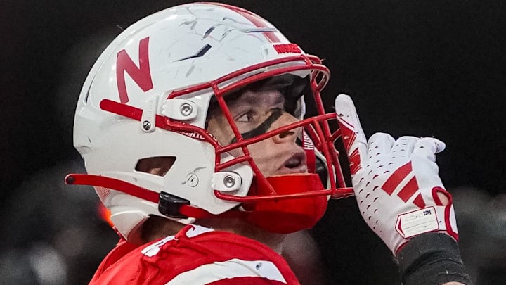 Nebraska Cornhuskers tight end Thomas Fidone II (24) reacts after scoring a touchdown