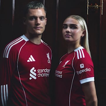 Florian Wirtz (left) and Sofie Lundgaard (right) in the new Liverpool home shirt.