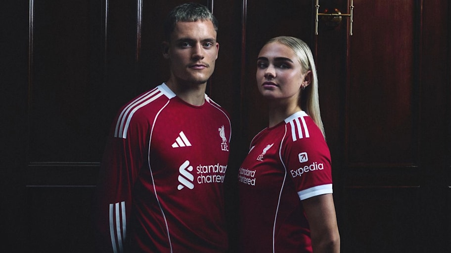 Florian Wirtz (left) and Sofie Lundgaard (right) in the new Liverpool home shirt. | Liverpool F