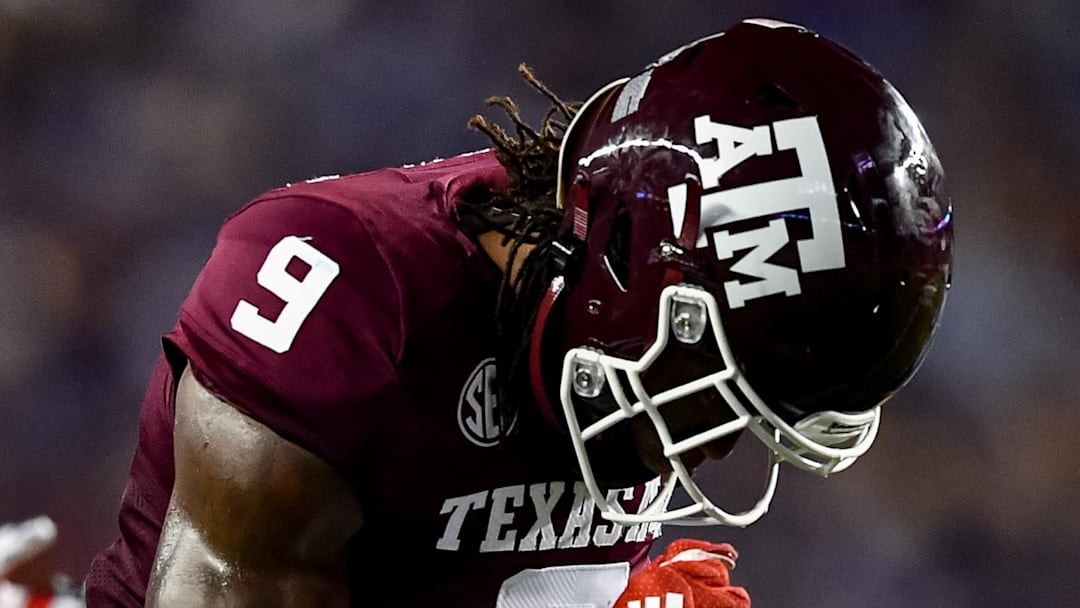 Sep 4, 2021;  College Station, Texas, USA;  Texas A&M Aggies defensive back Leon O'Neal Jr. (9) reacts during the third quarter against the Kent State Golden Flashes at Kyle Field. Mandatory Credit: Maria Lysaker-Imagn Images