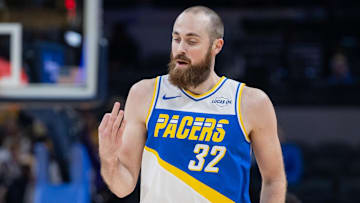 Indiana Pacers center Jay Huff (32) reacts after making a basket against the Chicago Bulls during the first half at Gainbridge Fieldhouse.