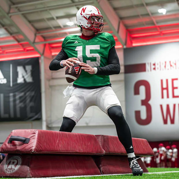 Dylan Raiola during an April 2025 practice.