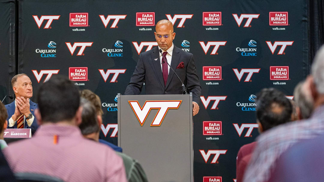 James Franklin at NCAA college football news conference, Wednesday, Nov. 19, 2025, in Blacksburg, VA