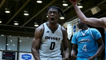 Bryant guard Earl Timberlake howls after scoring for the Bulldogs in the first half.