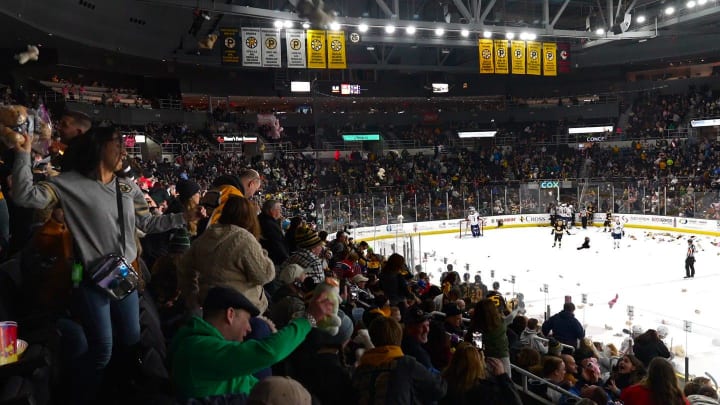 P-Bruins fans toss their teddy Bears on to the ice at the end of the second period of the P-Bruins