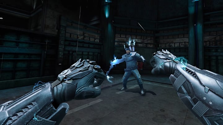 Batman holding his fists up against a large prison guard holding an electric baton.