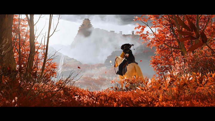 Atsu sits in an autumnal forest as mist clouds around a distant castle in Ghost of Yotei