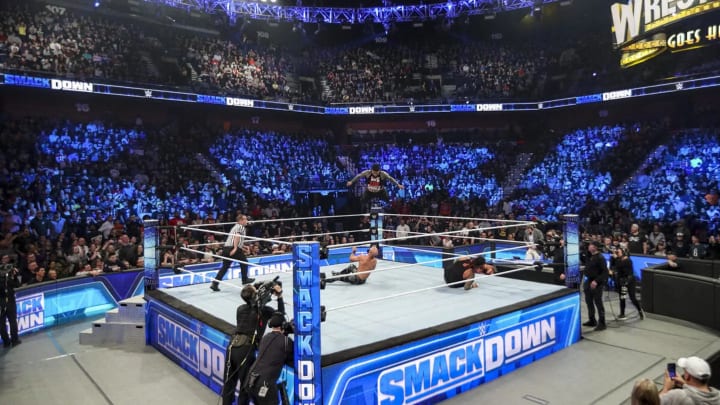 A shot of the ring during a tag team match on WWE Friday Night SmackDown.