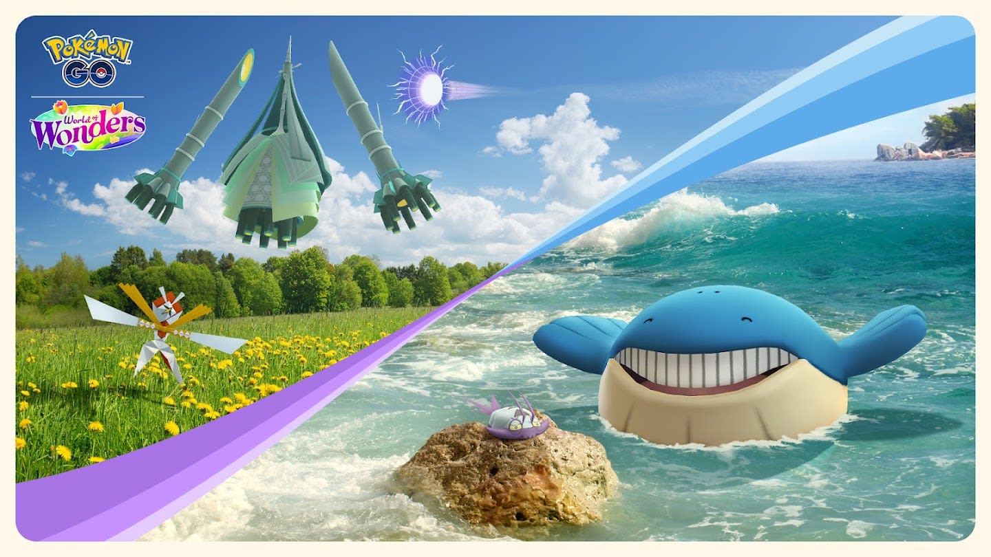 Pokémon Go Sizeable Surprises event poster showing Wailmer, Wimpod, Kartana, and Celesteela.