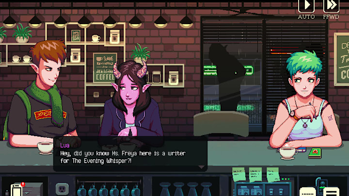Three people sitting at the bar of a coffee shop talking.