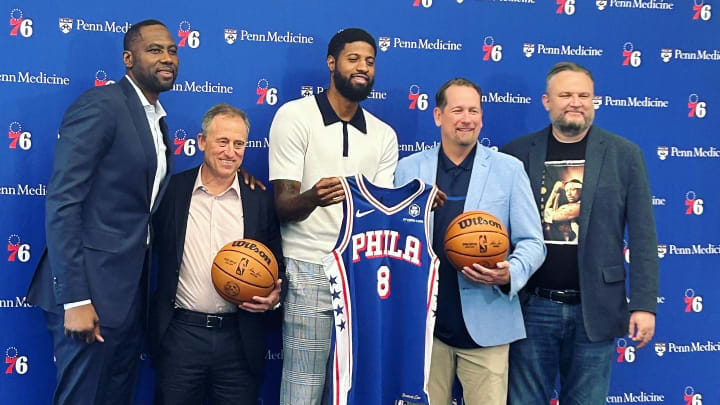 Elton Brand, Josh Harris, Nick Nurse, and Daryl Morey introduce Paul George as the latest star to join the Philadelphia 76ers. 