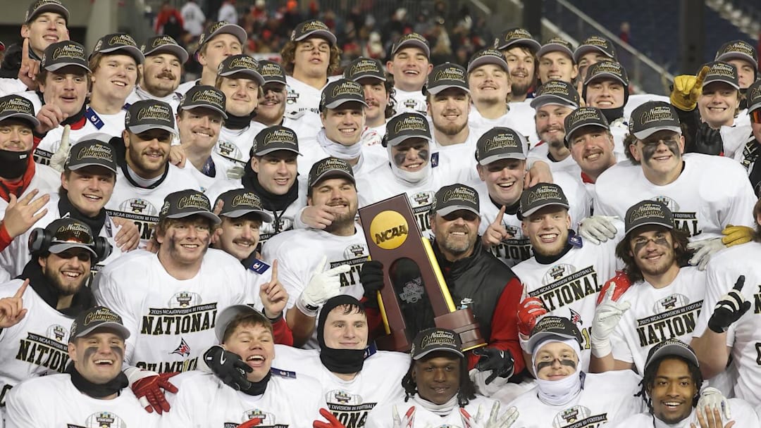 The University of Wisconsin-River Falls football team celebrates after winning the NCAA Division III National Championship.