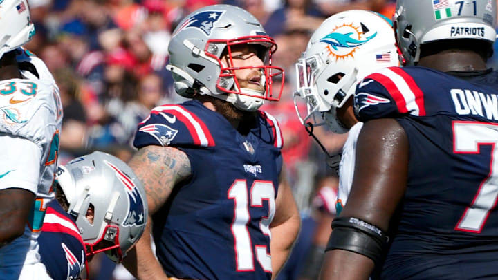 New England Patriots kicker Joey Slye looks on in disbelief after missing a short field goal in the first half.