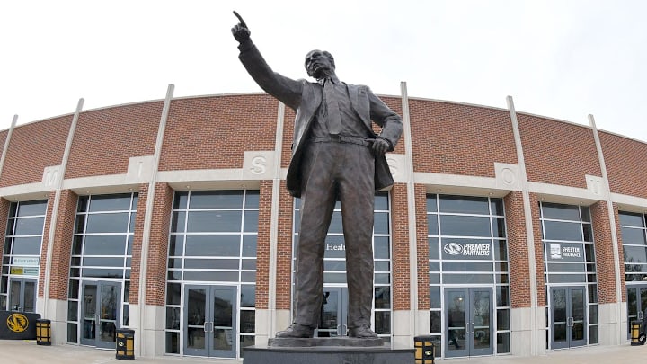 A general view of the statue of former coach Norm Stewart that stands at the exterior of the stadium at Mizzou Arena. Each year the tournament that bears his name brings some of the country's top high school talent to Columbia, Missouri.