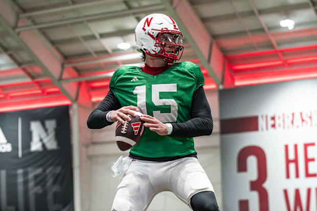 Dylan Raiola during an April 2025 practice.
