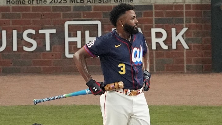 Jul 14, 2025; Atlanta, GA, USA; Tampa Bay Rays infielder Junior Caminero (13) reacts after finishing runner up in the 2025 Home Run Derby at Truist Park. Mandatory Credit: Dale Zanine-Imagn Images