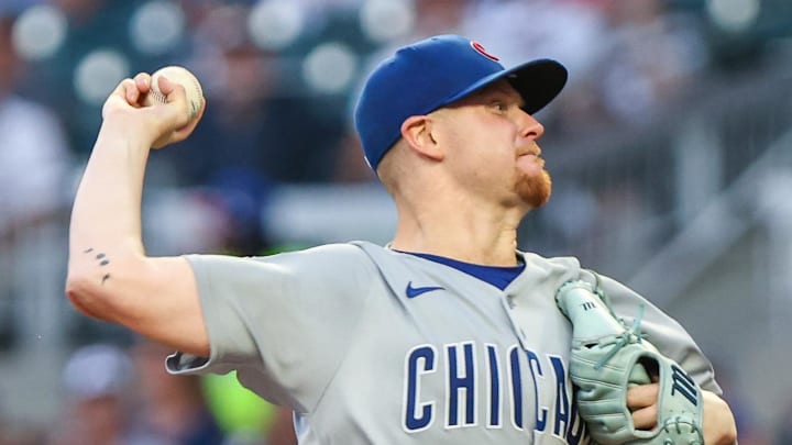 Sep 9, 2025; Cumberland, Georgia, USA; Chicago Cubs pitcher Cade Horton (22) pitches the ball against the Atlanta Braves during the second inning at Truist Park. 