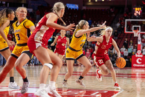 Nebraska guard Britt Prince drives against Iowa at Pinnacle Bank Arena on Feb. 10, 2025.