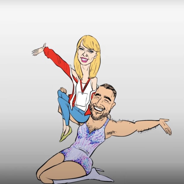 Cartoon Taylor Swift and Travis Kelce