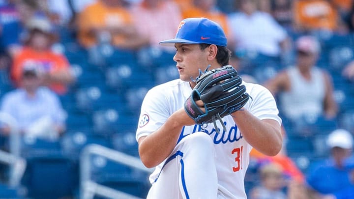 Florida's pitcher Frank Menendez (31) pitches in relief Friday, May 3, 2024, at Condron Family Ballpark in Gainesville, Florida. The Gators fell to Tennessee 6-2 in the first game of the doubleheader. [Cyndi Chambers/ Gainesville Sun] 2024