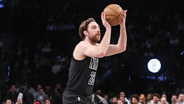 Apr 8, 2025; Brooklyn, New York, USA;  Brooklyn Nets forward Drew Timme (26) takes a three point shot in the first quarter against the New Orleans Pelicans at Barclays Center. Mandatory Credit: Wendell Cruz-Imagn Images