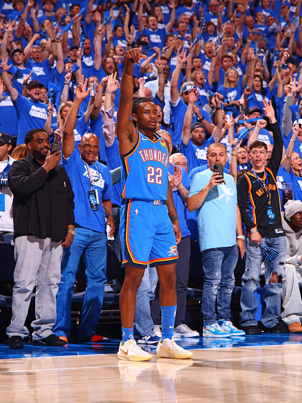 Cason Wallace celebrates a three-pointer.