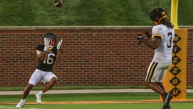 Missouri Tigers receiver Daniel Blood (16) in position to field a punt at the team's annual fan night practice at Faurot Fiel