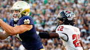 Notre Dame tight end Eli Raridon, left, catches a pass in the second half of an NCAA football game against NC State at Notre Dame Stadium on Saturday, Oct. 11, 2025, in South Bend.