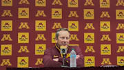 Gophers HC Niko Medved talking to the media after Minnesota's exhibition win over NDSU.
