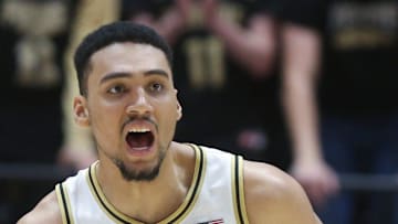 Purdue Boilermakers forward Trey Kaufman-Renn (4) reacts after scoring Tuesday, Jan. 21, 2025, during the NCAA men’s basketball game against the Ohio State Buckeyes at Mackey Arena in West Lafayette, Ind.