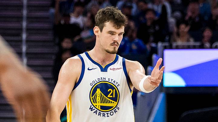 Oct 8, 2025; San Francisco, California, USA;  Golden State Warriors center Quinten Post (21) reacts after hitting a three-point shot against the Portland Trail Blazers during the fourth quarter at Chase Center. Mandatory Credit: John Hefti-Imagn Images