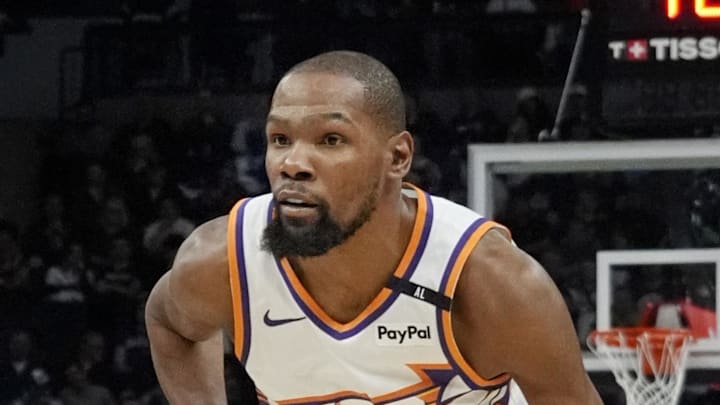 Mar 28, 2025; Minneapolis, Minnesota, USA; Phoenix Suns forward Kevin Durant (35) brings the ball up as Minnesota Timberwolves guard Anthony Edwards (5) defends him in the fourth quarter at Target Center. Mandatory Credit: Bruce Kluckhohn-Imagn Images Mar 28, 2025; Minneapolis, Minnesota, USA; Phoenix Suns forward Kevin Durant (35) brings the ball up as Minnesota Timberwolves guard Anthony Edwards (5) defends him in the fourth quarter at Target Center. Mandatory Credit: Bruce Kluckhohn-Imagn Images