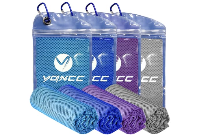 Set of four cooling towels on a white background.