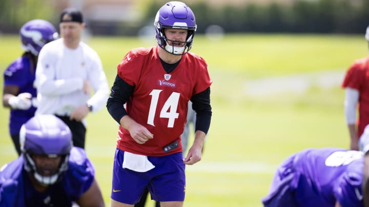 Vikings quarterback Sam Darnold from May 28, 2024 of the third day of the 2024 OTAs at TCOPC in Eagan, MN.