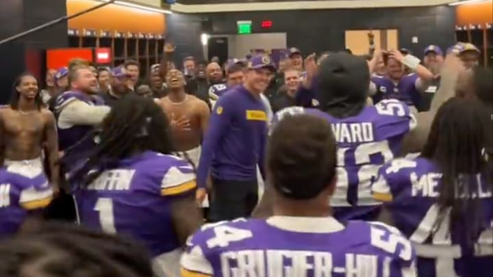 A screen shot of the celebration in the Vikings locker room following a 23-17 win over the 49ers. 