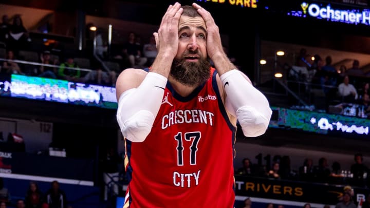 Apr 19, 2024; New Orleans, Louisiana, USA;  New Orleans Pelicans center Jonas Valanciunas (17) reacts to a foul called on him against the Sacramento Kings in the second half during a play-in game of the 2024 NBA playoffs at Smoothie King Center. Mandatory Credit: Stephen Lew-USA TODAY Sports