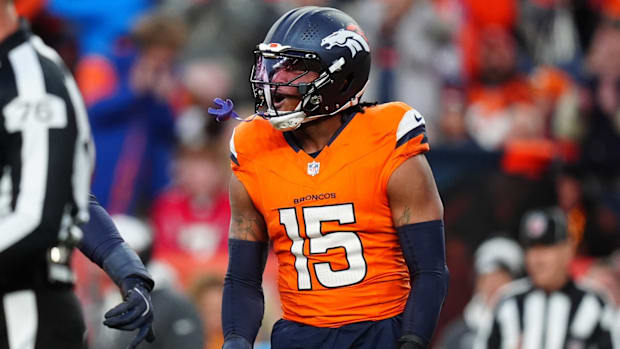 Denver Broncos linebacker Nik Bonitto (15) celebrates his sack in the second half against the Atlanta Falcons.