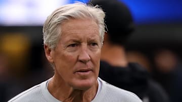 Nov 30, 2025; Inglewood, California, USA; Las Vegas Raiders head coach Pete Carroll before the game at SoFi Stadium. Mandatory Credit: Kiyoshi Mio-Imagn Images