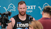 Center Frank Ragnow is interviewed by the media during Detroit Lions training camp at the Lions practice facility.
