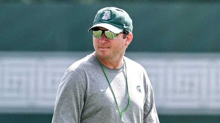 Michigan State's head coach Jonathan Smith watches over the action during the first day of football camp on Tuesday, July 30, 2024, in East Lansing.