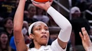 Las Vegas Aces center A'ja Wilson (22) goes up for a shot Wednesday, Sept. 11, 2024, during a game between the Indiana Fever and the Las Vegas Aces at Gainbridge Fieldhouse in Indianapolis.