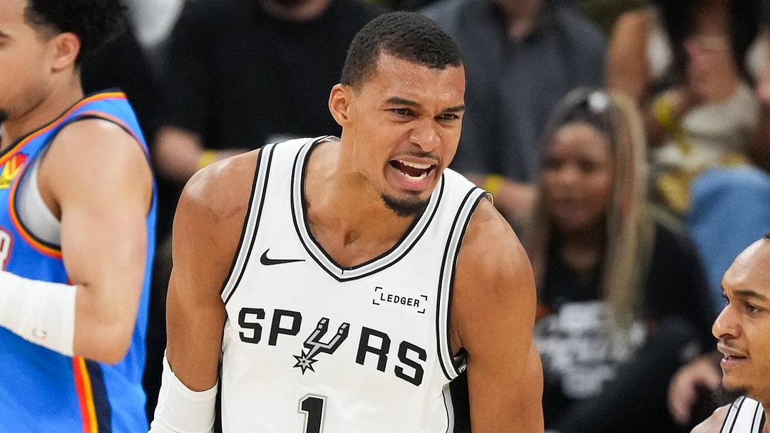 May 24, 2026; San Antonio, Texas, USA; San Antonio Spurs center Victor Wembanyama (1) reacts in the first quarter against the Oklahoma City Thunder during game four of the western conference finals for the 2026 NBA playoffs at Frost Bank Center. Mandatory Credit: Scott Wachter-Imagn Images
