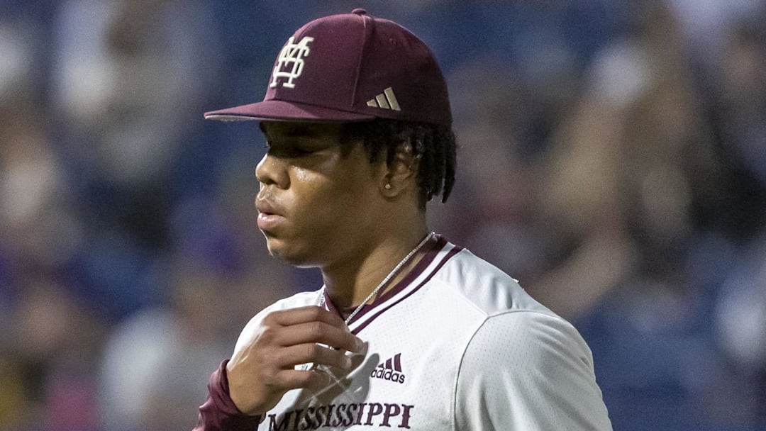 Mississippi State pitcher Jurrangelo Cijntje walks during an SEC Tournament game against Vanderbilt on May 23, 2024, at Hoover Metropolitan Stadium.