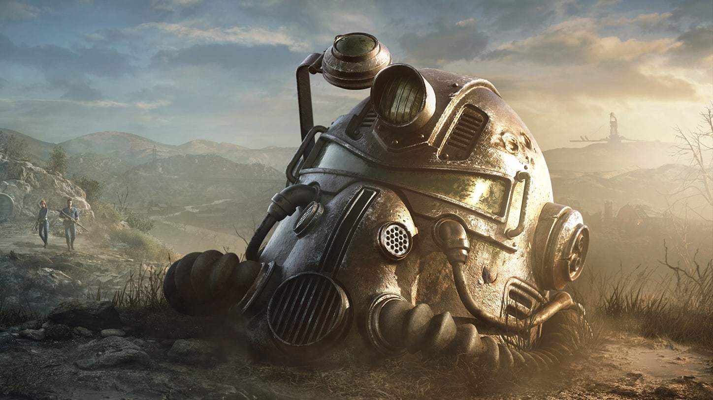 Fallout 76 artwork showing a sci-fi helmet in the dirt.