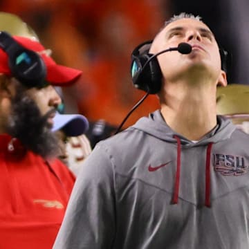 Oct 26, 2024; Miami Gardens, Florida, USA; Florida State Seminoles head coach Mike Norvell reacts from the sideline against the Miami Hurricanes during the fourth quarter at Hard Rock Stadium. Mandatory Credit: Sam Navarro-Imagn Images