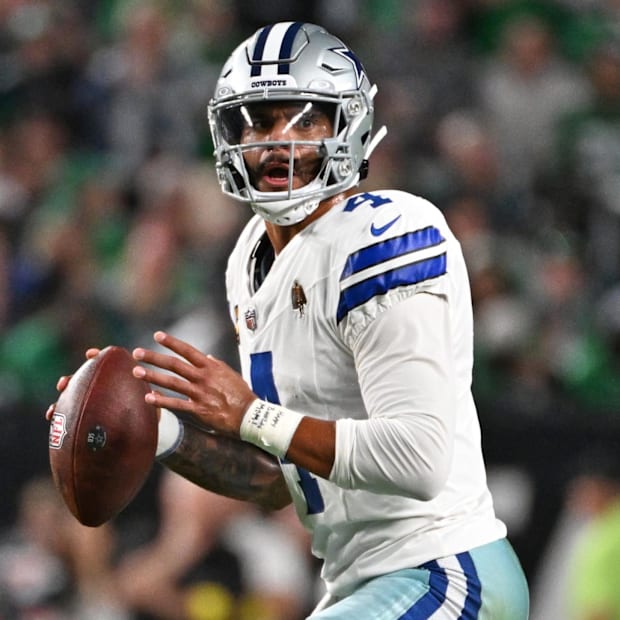 Dallas Cowboys quarterback Dak Prescott looks for a receiver against the Philadelphia Eagles at Lincoln Financial Field.