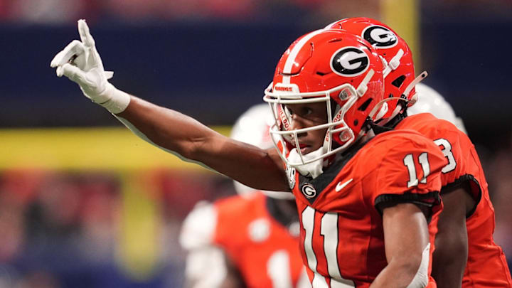 Dec 7, 2024; Atlanta, GA, USA; Georgia Bulldogs linebacker Jalon Walker (11) reacts against the Texas Longhorns during the first half in the 2024 SEC Championship game at Mercedes-Benz Stadium. Dec 7, 2024; Atlanta, GA, USA; Georgia Bulldogs linebacker Jalon Walker (11) reacts against the Texas Longhorns during the first half in the 2024 SEC Championship game at Mercedes-Benz Stadium.