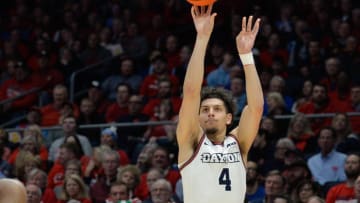 Jan 30, 2024; Dayton, Ohio, USA;  Dayton Flyers guard Koby Brea (4) shoots a three point shot